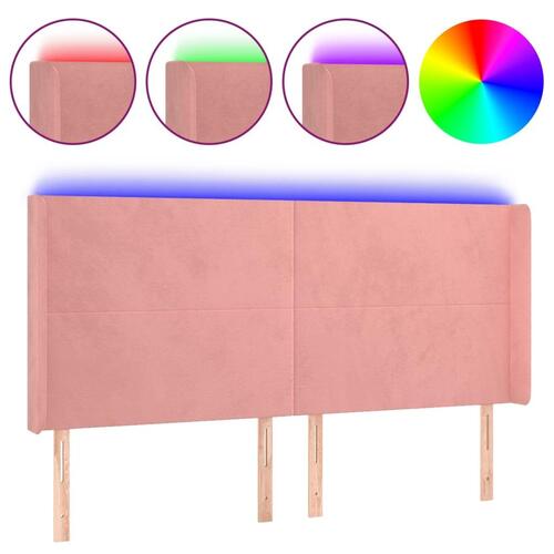 Sengegavl med LED-lys 163x16x118/128 cm fløjl lyserød