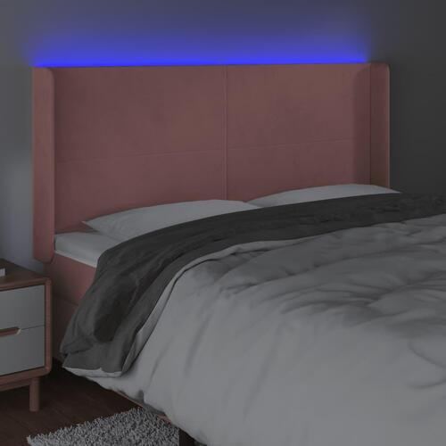 Sengegavl med LED-lys 163x16x118/128 cm fløjl lyserød