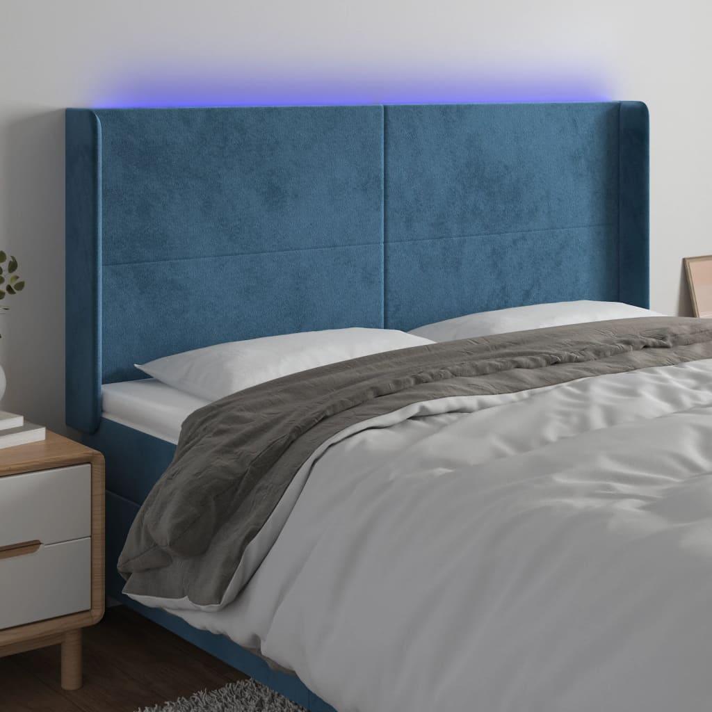 Sengegavl med LED-lys 183x16x118/128 cm - fløjl, mørkeblå