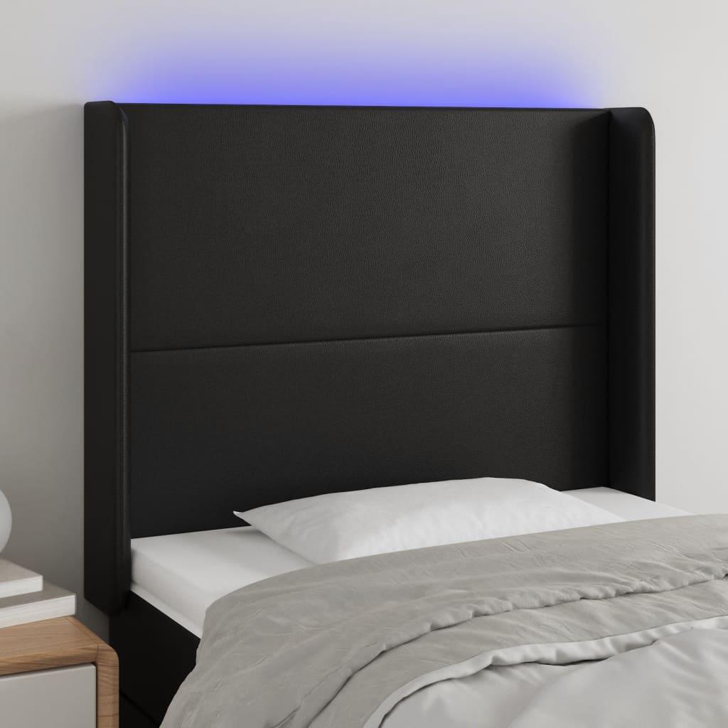 Sengegavl Med LED-Lys Kunstlæder - Sort / 83 x 16 x 118/128 cm