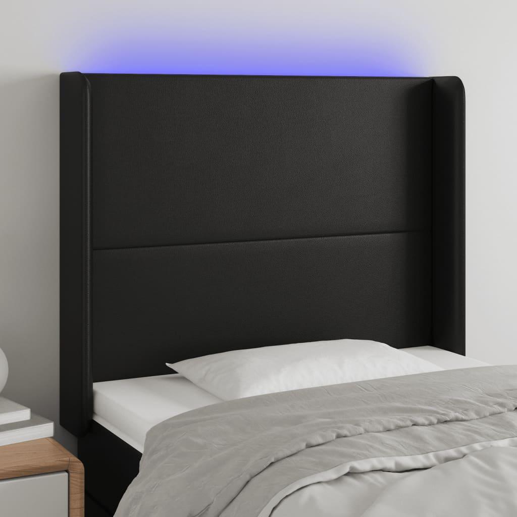 Sengegavl Med Led-Lys Kunstlæder - Sort / 93 x 16 x 118/128 cm