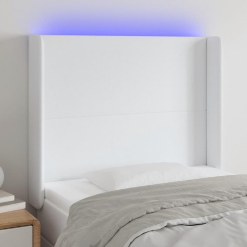 Sengegavl med LED-lys i kunstlæder - hvid, 103 x 16 x 118/128 cm