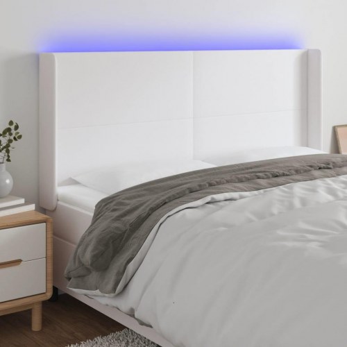 Sengegavl med LED-lys i kunstlæder - hvid, 163 x 16 x 118/128 cm