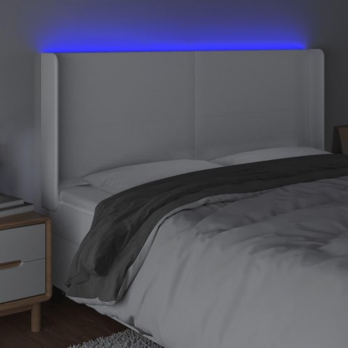 Sengegavl med LED-lys i kunstlæder - hvid, 163 x 16 x 118/128 cm