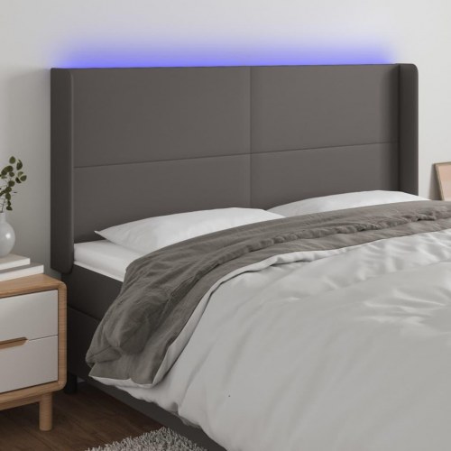 Sengegavl med LED-lys i kunstlæder 163 x 16 x 118/128 cm - grå