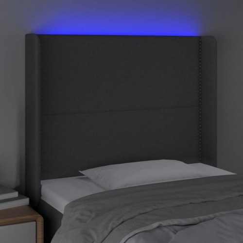 Sengegavl med LED-lys 83x16x118/128 cm stof mørkegrå