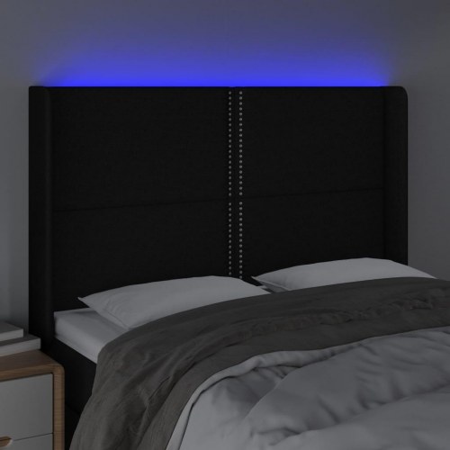 Sengegavl med LED-lys i stof - sort 147 x 16 x 118/128 cm