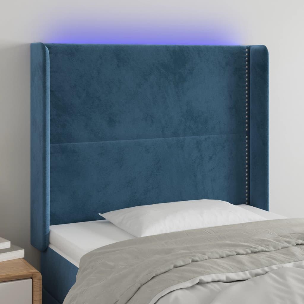 Sengegavl med LED-lys 83×16×118/128 cm - fløjl, mørkeblå