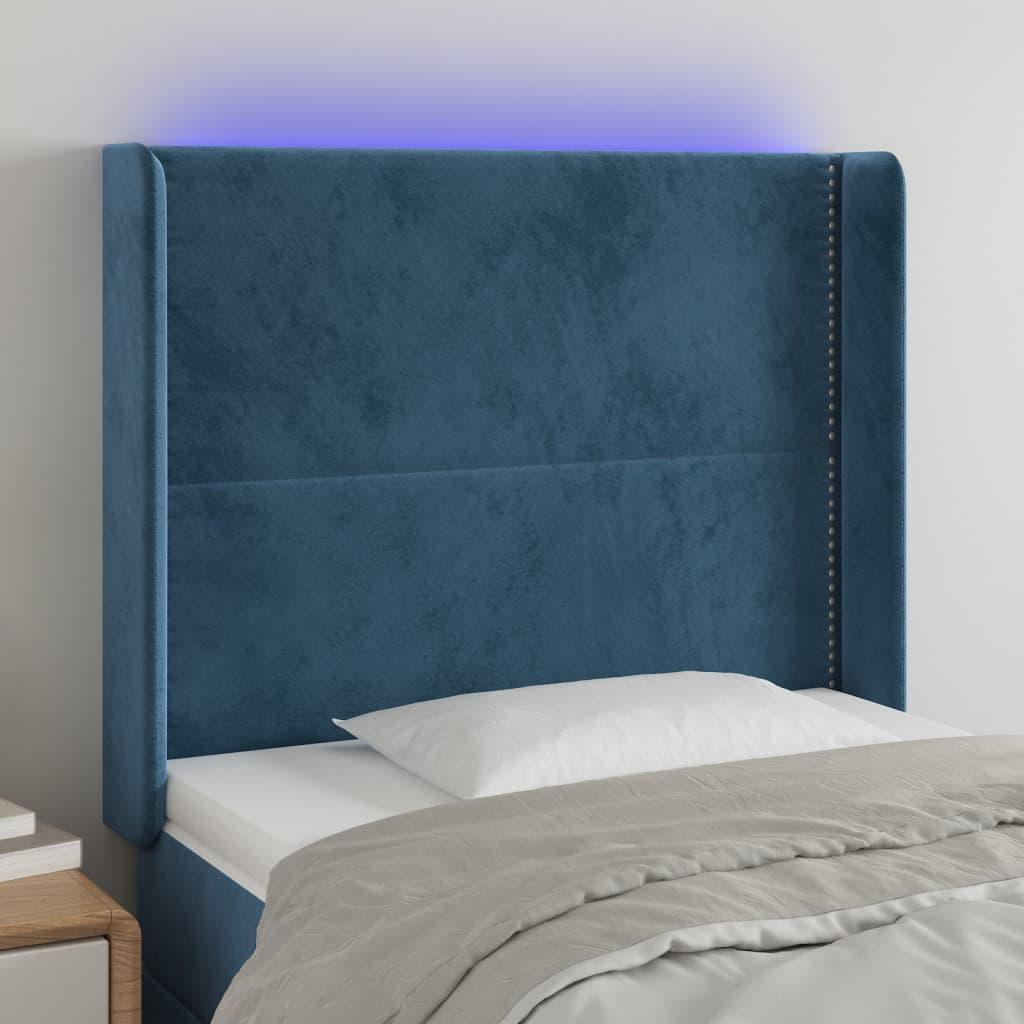 Sengegavl med LED-lys 103×16×118/128 cm - fløjl, mørkeblå