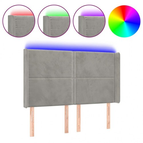 Sengegavl med LED-lys 147×16×118/128 cm - fløjl, lysegrå