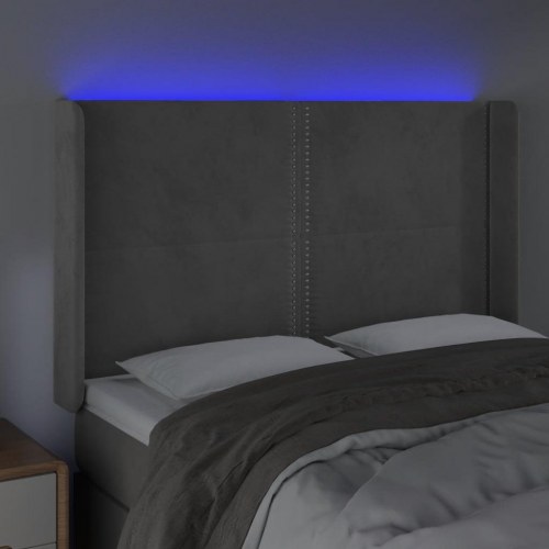 Sengegavl med LED-lys 147×16×118/128 cm - fløjl, lysegrå