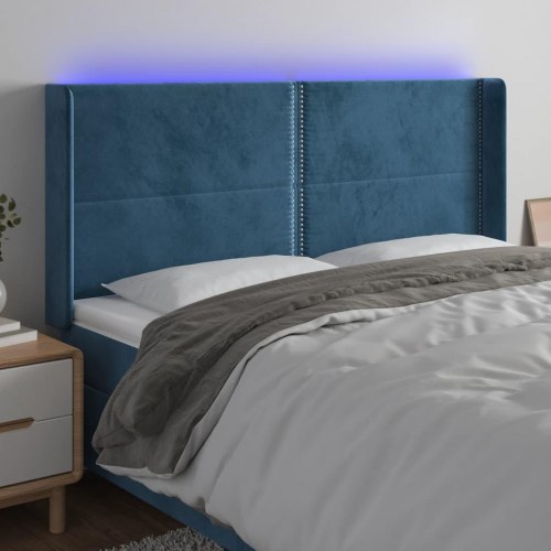 Sengegavl med LED-lys 163x16x118/128 cm - fløjl, mørkeblå