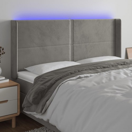 Sengegavl med LED-lys 203x16x118/128 cm - fløjl, lysegrå