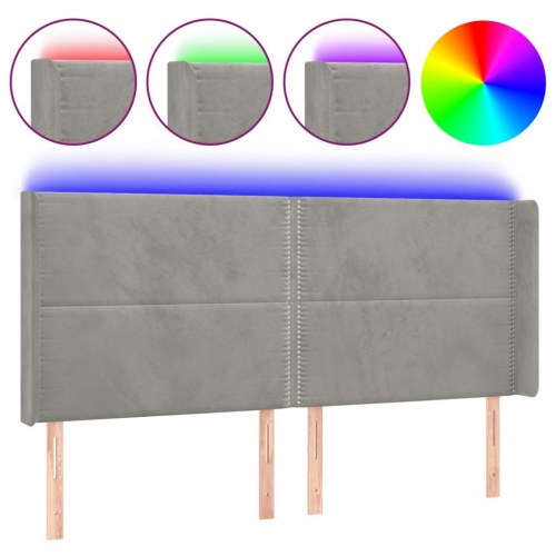 Sengegavl med LED-lys 203x16x118/128 cm - fløjl, lysegrå