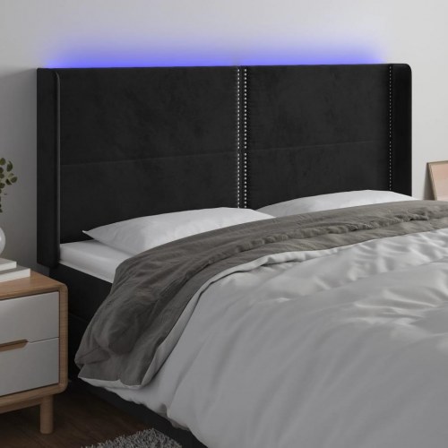 Sengegavl med LED-lys i fløjl 203 x 16 x 118/128 cm - sort