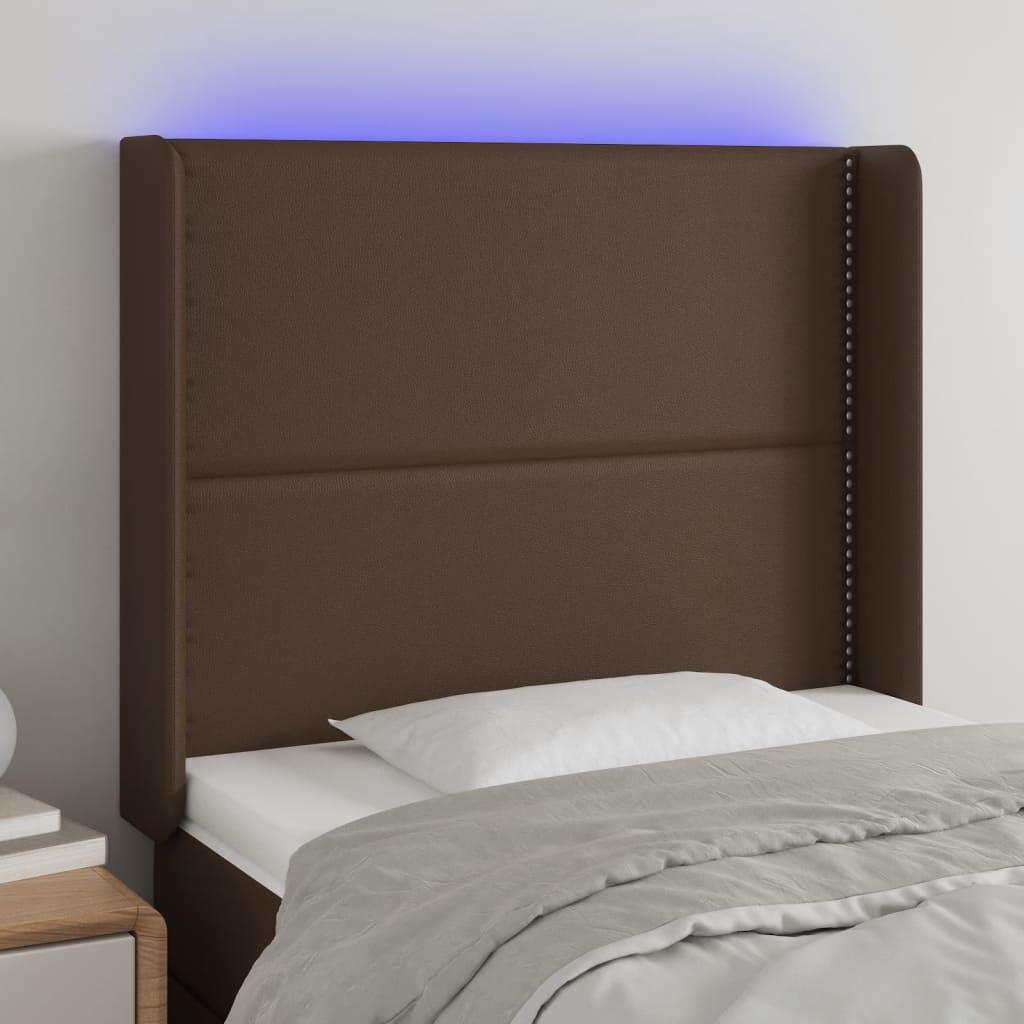 Sengegavl med LED-lys 93x16x118/128 cm kunstlæder brun