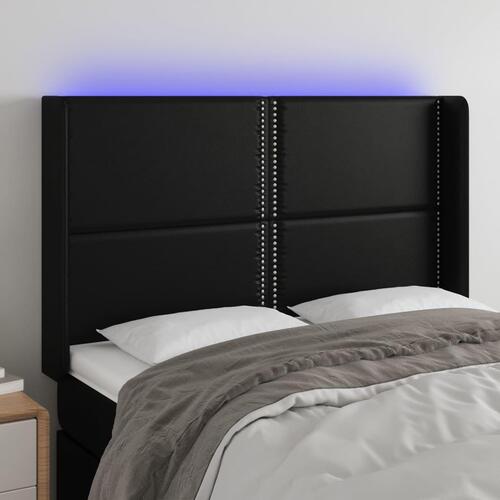 Sengegavl med LED-lys 147x16x118/128 cm kunstlæder sort