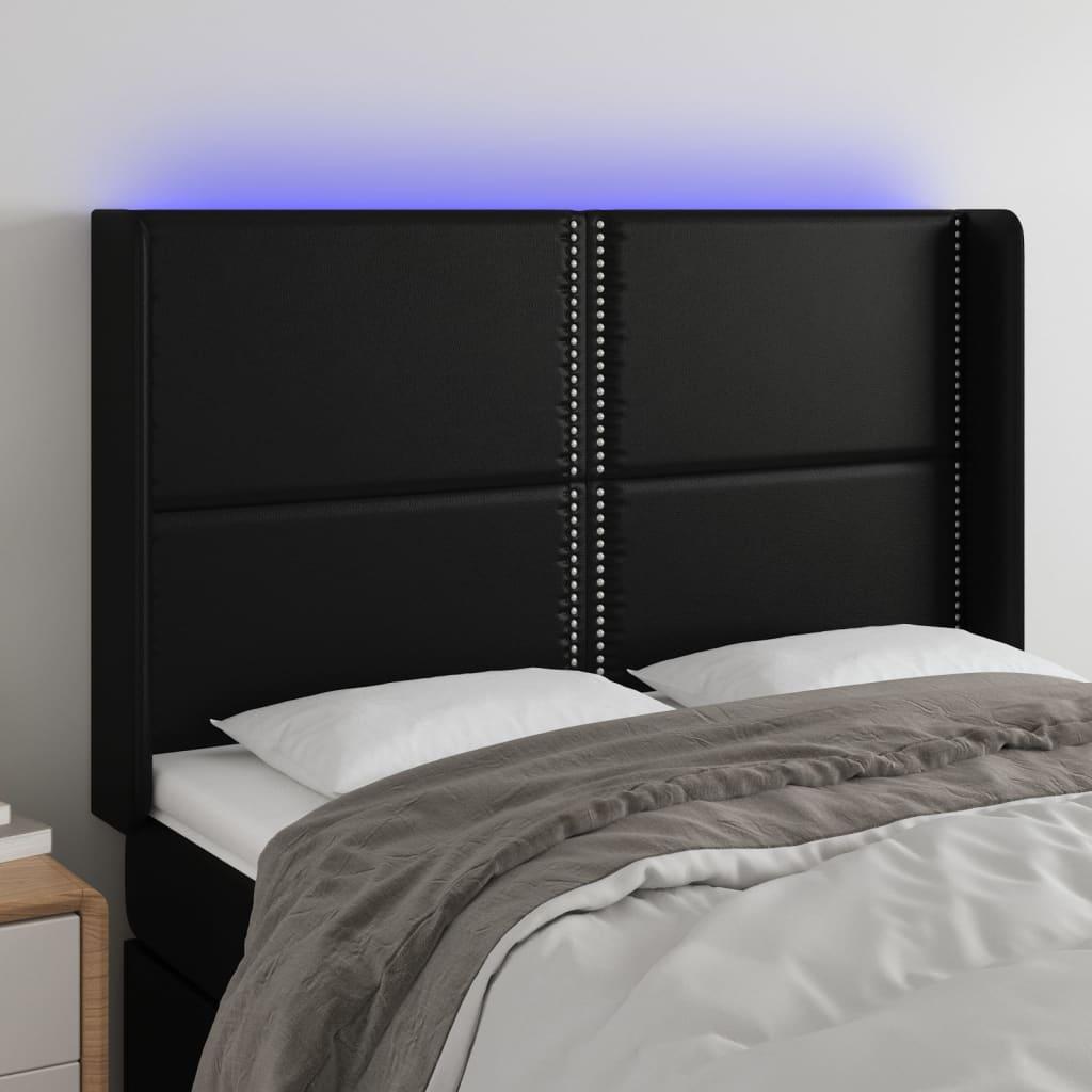 Sengegavl med LED-lys 147x16x118/128 cm kunstlæder sort