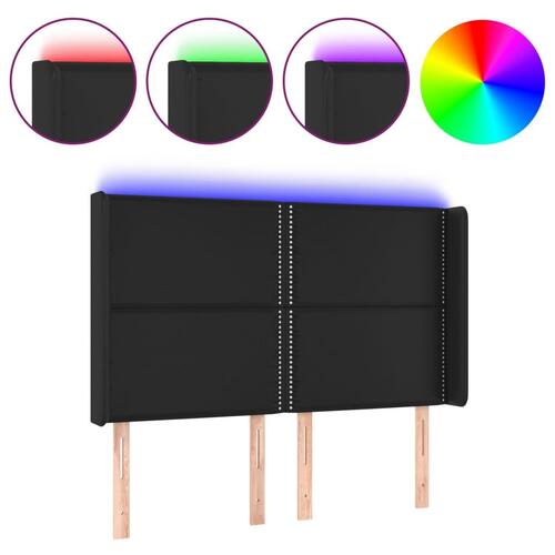 Sengegavl med LED-lys 147x16x118/128 cm kunstlæder sort