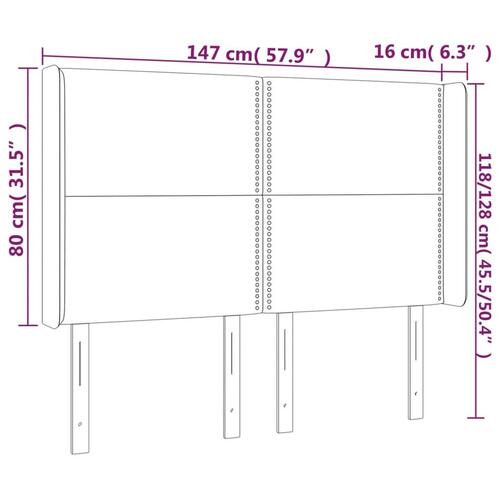 Sengegavl med LED-lys 147x16x118/128 cm kunstlæder hvid