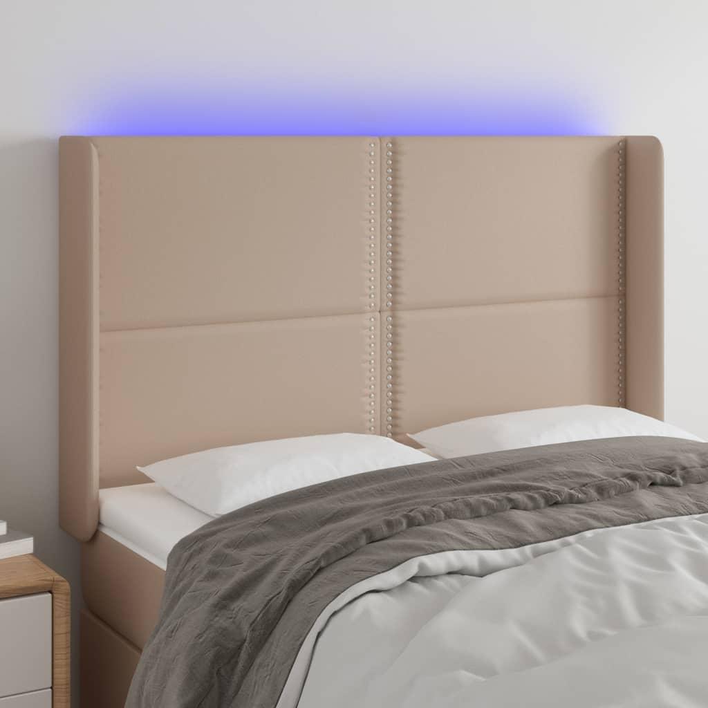 Sengegavl med LED-lys 147x16x118/128 cm kunstlæder cappuccino