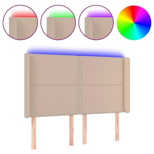 Sengegavl med LED-lys 147x16x118/128 cm kunstlæder cappuccino