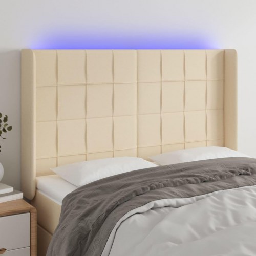 Sengegavl med LED-lys - cremefarvet, 147 x 16 x 118/128 cm