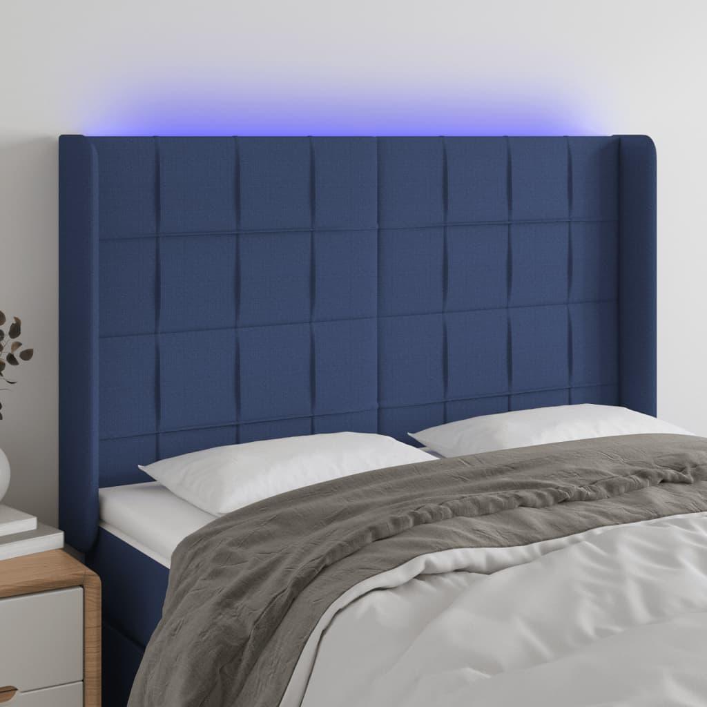 Sengegavl med LED-lys i stof - 147 x 16 x 118/128 cm, blå