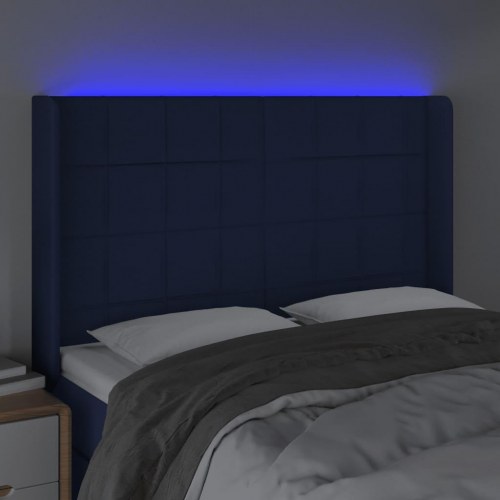Sengegavl med LED-lys - blå, 147 x 16 x 118/128 cm