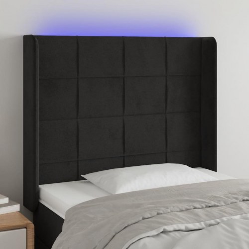 Sengegavl med LED-lys i fløjl - sort, 83 x 16 x 118/128 cm