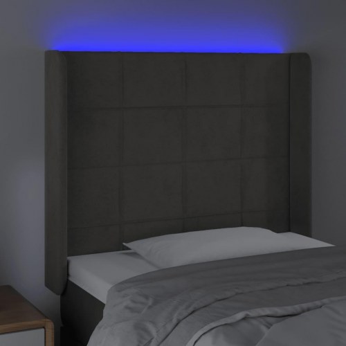 Sengegavl med LED-lys i fløjl - mørkegrå, 93 x 16 x 118/128 cm