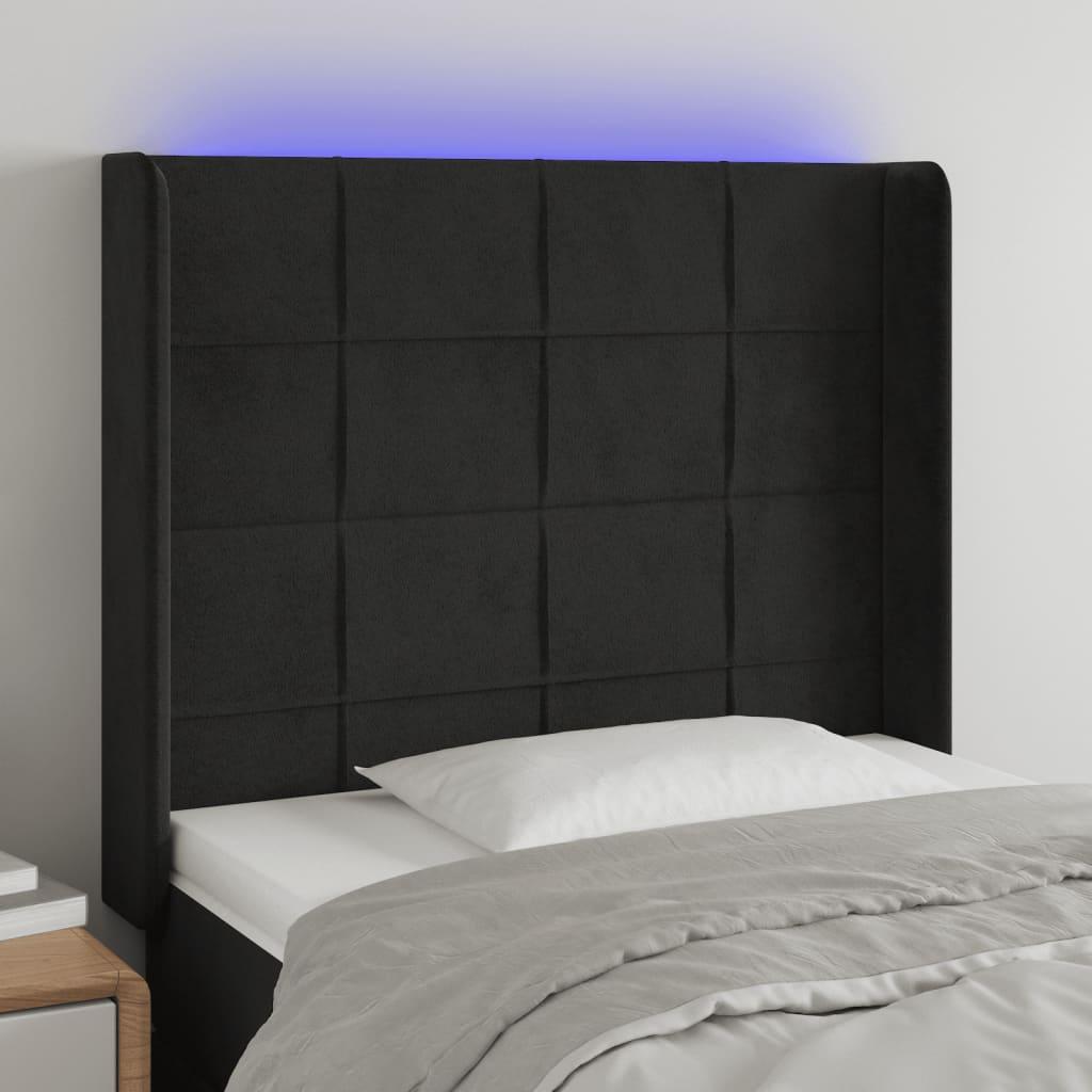 Sengegavl i fløjl med LED-lys 93x16x118/128 cm - sort
