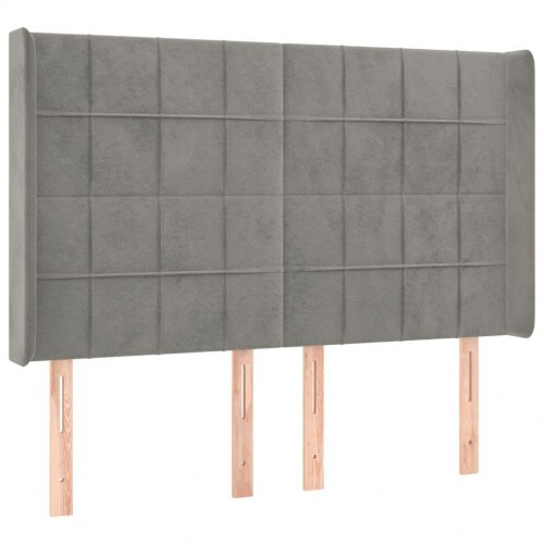 Sengegavl med LED-lys i fløjl - lysegrå, 147 x 16 x 118/128 cm