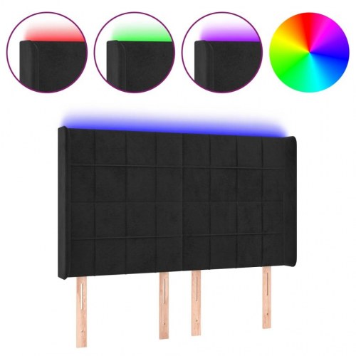Sengegavl med LED-lys i fløjl - sort, 147 x 16 x 118/128 cm