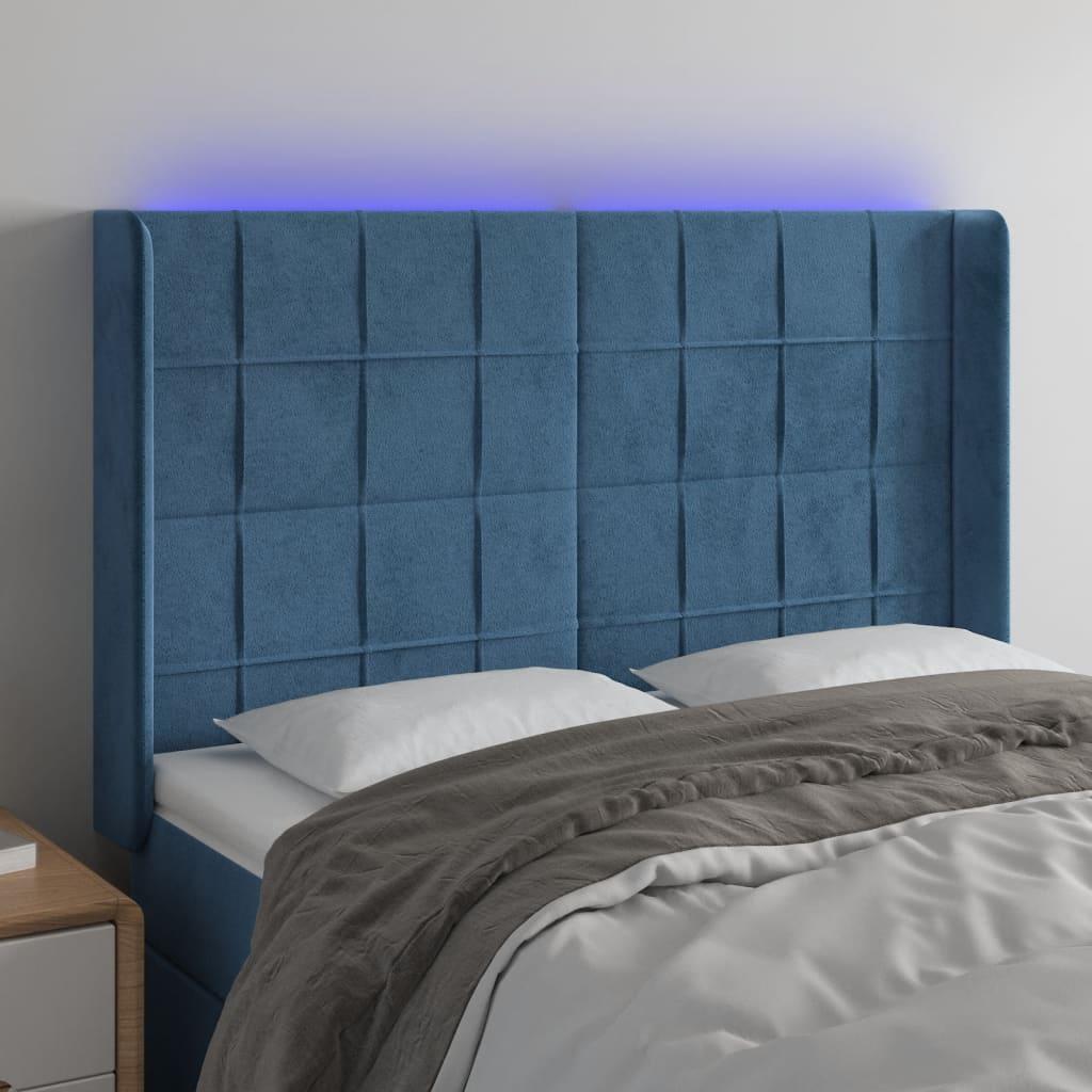 Sengegavl med LED-lys 147×16×118/128 cm - fløjl, mørkeblå