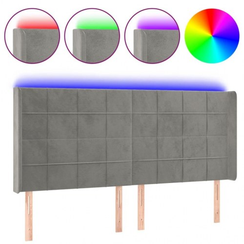 Sengegavl med LED-lys i fløjl 163 x 16 x 118/128 cm - lysegrå