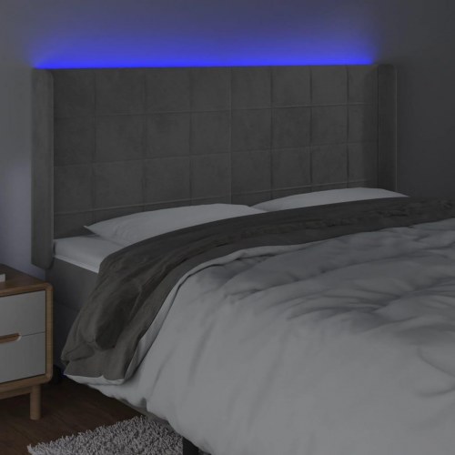 Sengegavl med LED-lys i fløjl 163 x 16 x 118/128 cm - lysegrå