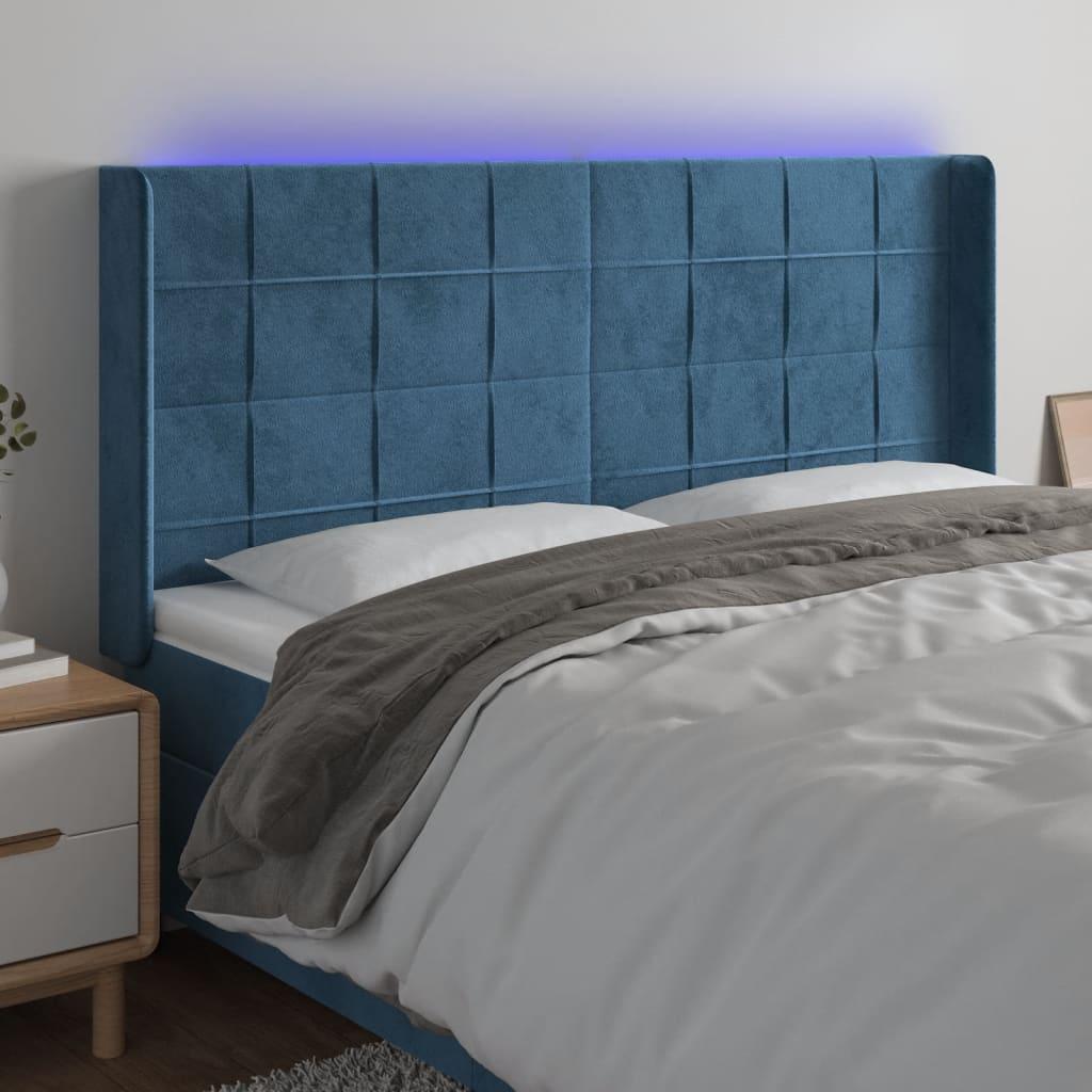 Sengegavl med LED-lys 163x16x118/128 cm - fløjl, mørkeblå