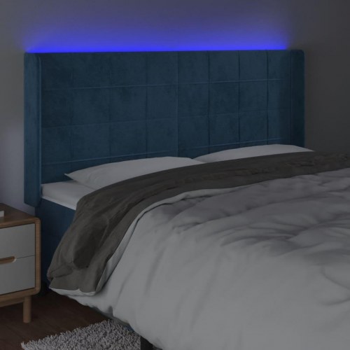 Sengegavl med LED-lys i fløjl - mørkeblå, 163 x 16 x 118/128 cm