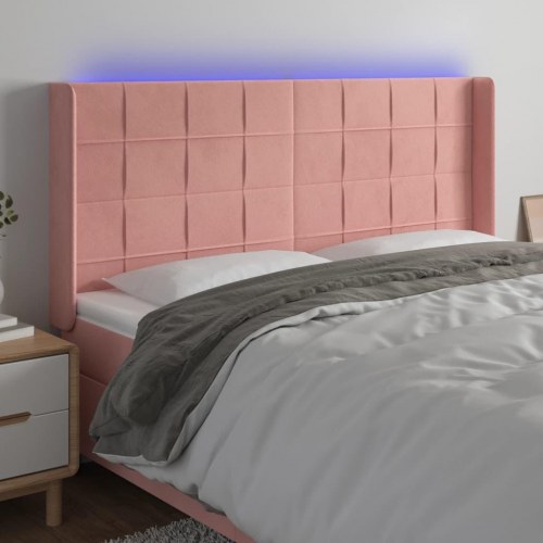 Sengegavl med LED-lys i fløjl - lyserød, 163 x 16 x 118/128 cm