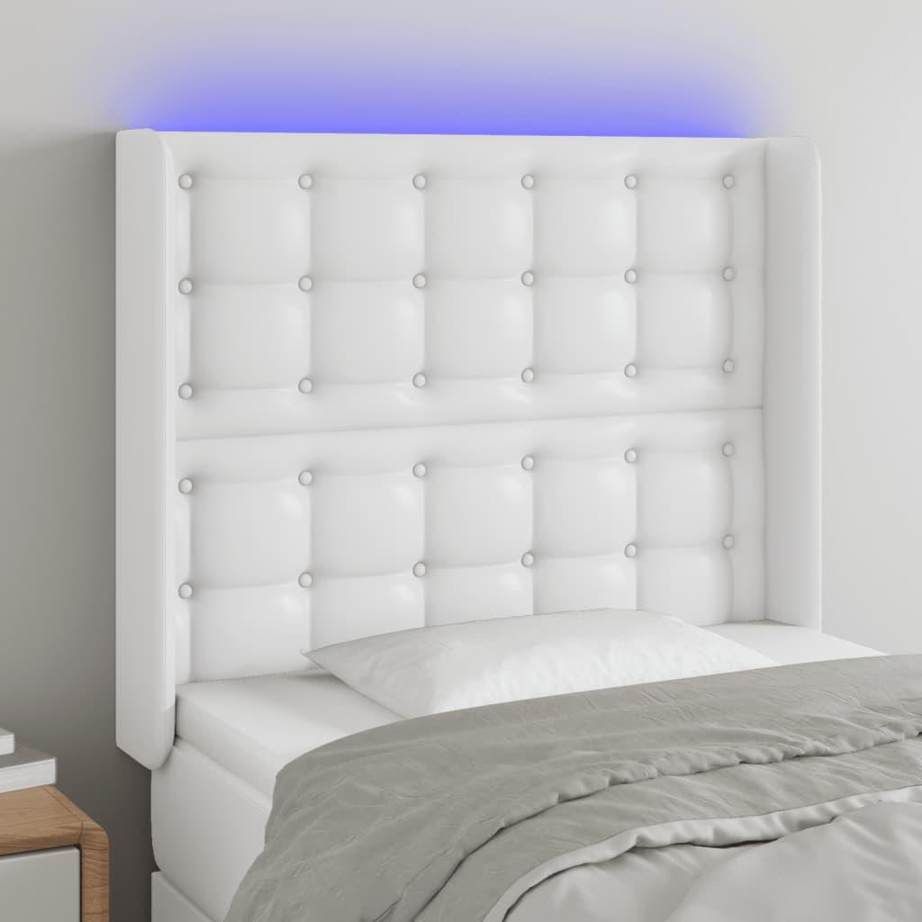 Sengegavl med LED-lys 83×16×118/128 cm i hvidt kunstlæder