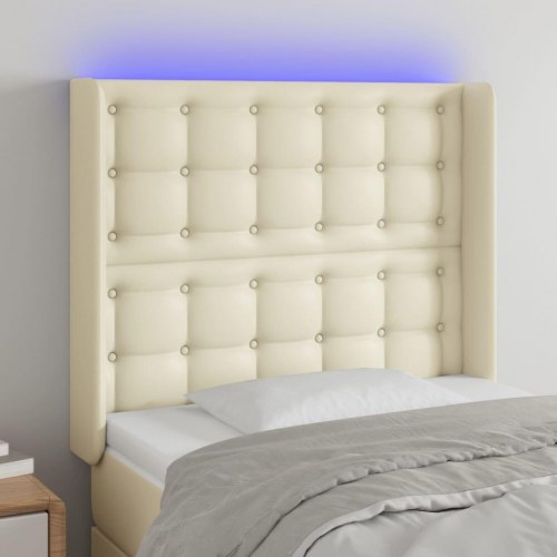 Sengegavl med LED-lys i kunstlæder 103 x 16 x 118/128 cm - cremefarvet