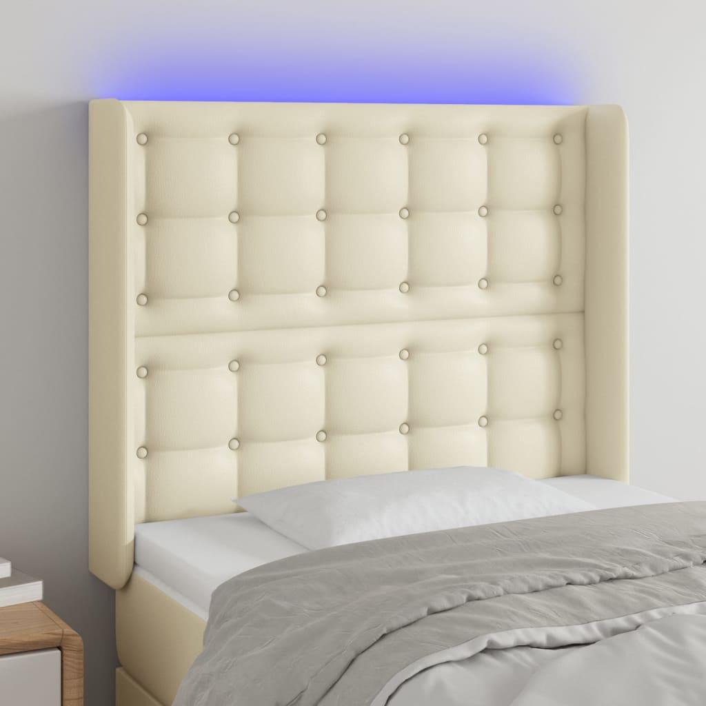 vidaXL sengegavl med LED-lys 103x16x118/128 cm kunstlæder cremefarvet