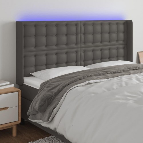 Sengegavl med LED-lys i kunstlæder 147 x 16 x 118/128 cm - grå