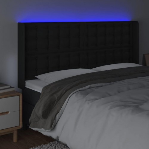 Sengegavl med LED-lys - sort, 183 x 16 x 118/128 cm