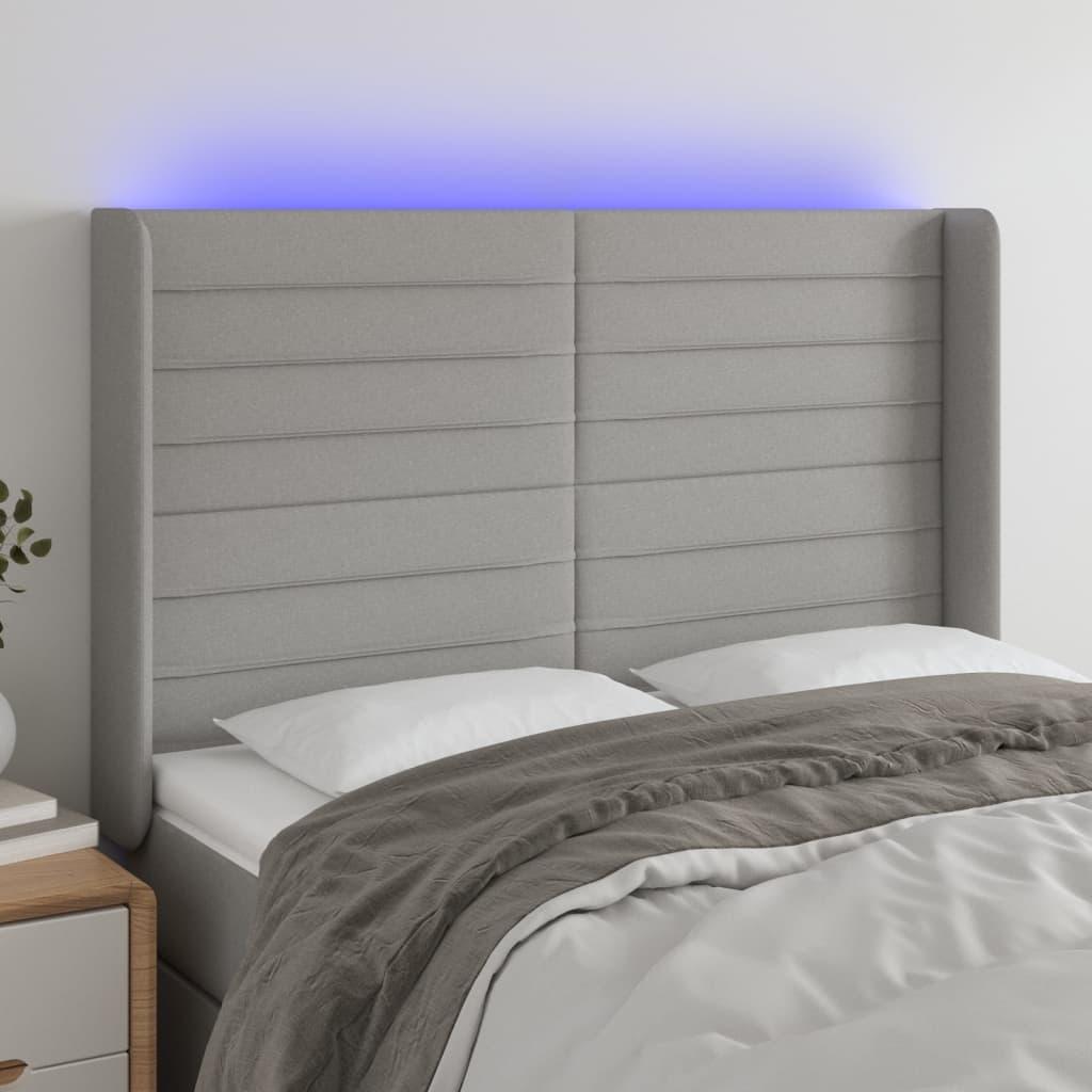 Sengegavl med LED-lys - 147 × 16 × 118/128 cm, stof, lysegrå