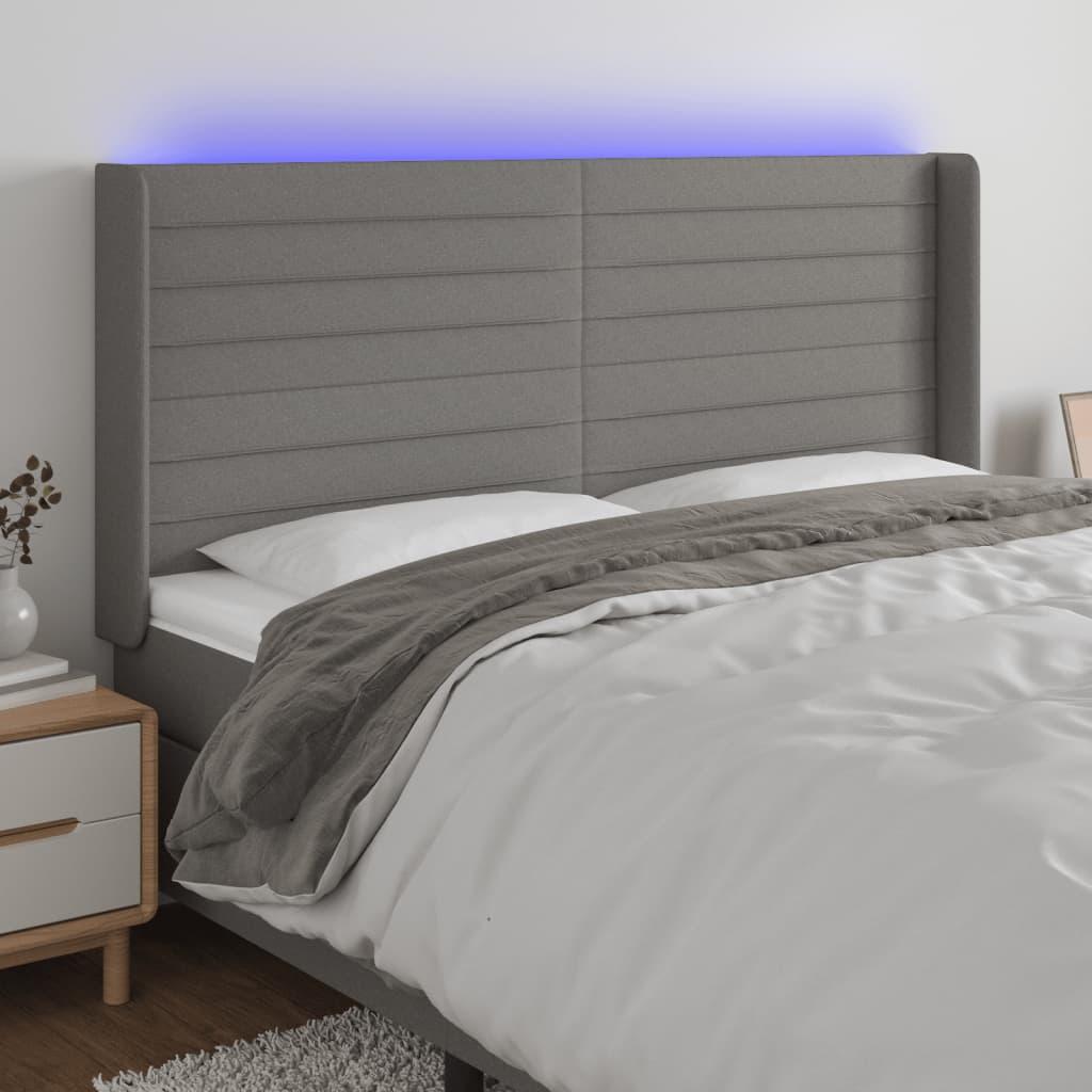 Sengegavl med LED-lys 183x16x118/128 cm - stof, mørkegrå