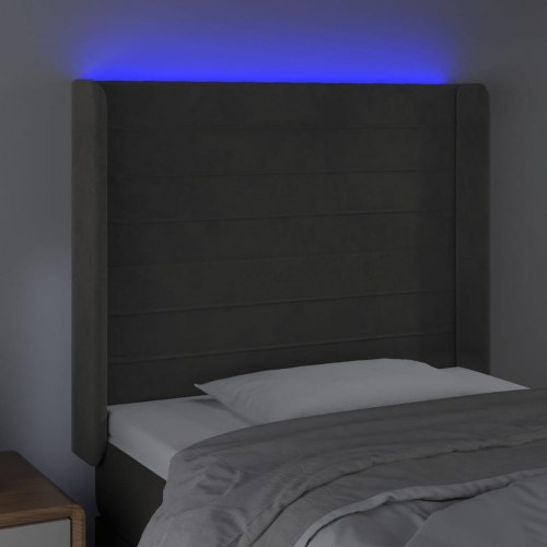 Sengegavl med LED-lys i fløjl - mørkegrå, 103 x 16 x 118/128 cm