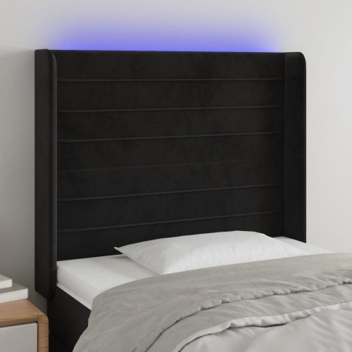 Sengegavl med LED-lys 103 x 16 x 118/128 cm fløjl - sort