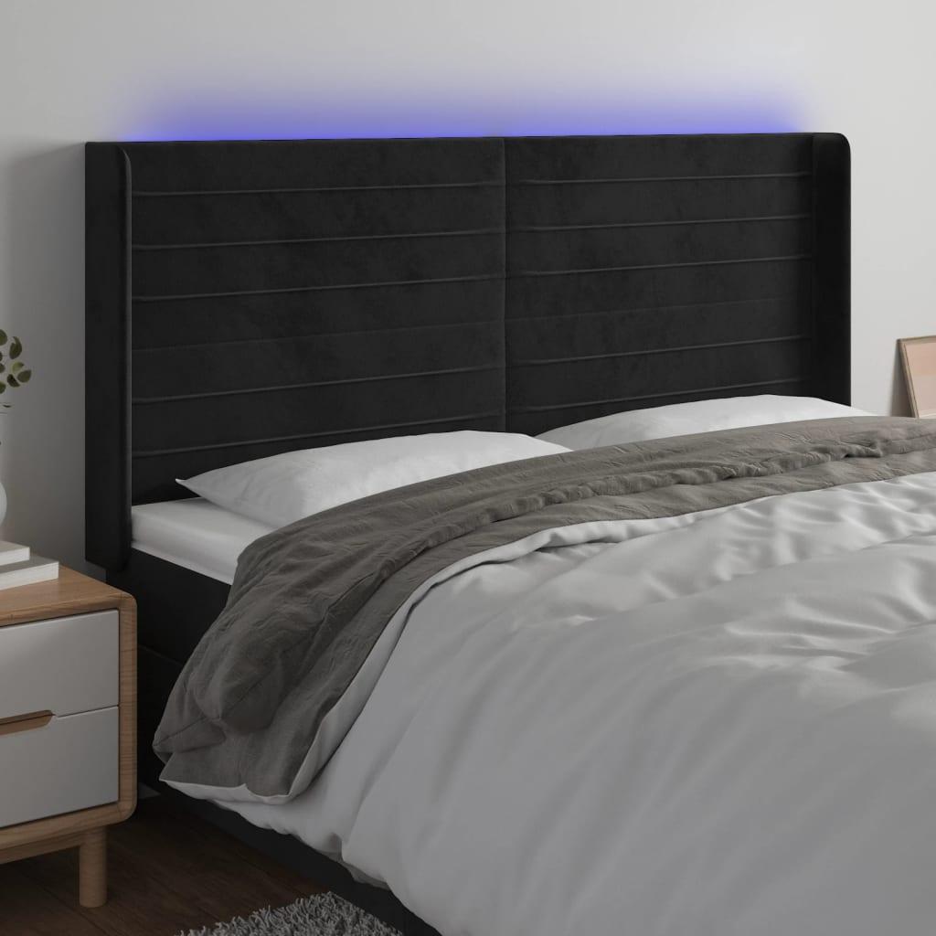 Sengegavl med LED-lys 163x16x118/128 cm - fløjl, sort